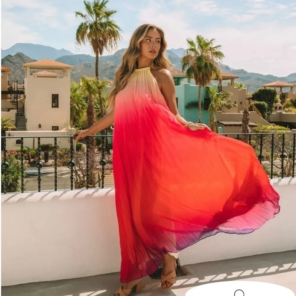 SOLD - Pleated OMBRE HALTER MAXI DRESS - PINK RED - Picture 1 of 9